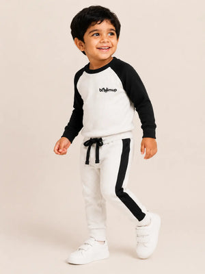 BloomUp Black & White Raglan Co-ord Set for Kids – Soft Cotton Casual Wear Sweatshirt & Jogger Outfit