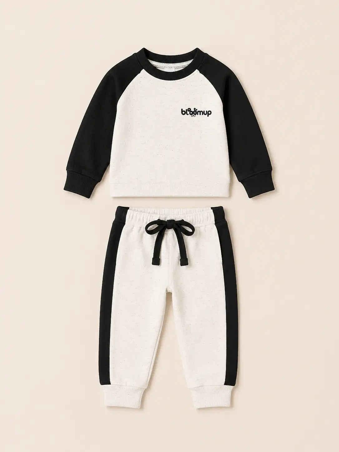 BloomUp Black & White Raglan Co-ord Set for Kids – Soft Cotton Casual Wear Sweatshirt & Jogger Outfit