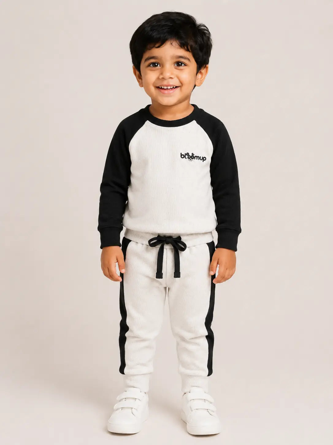 BloomUp Black & White Raglan Co-ord Set for Kids – Soft Cotton Casual Wear Sweatshirt & Jogger Outfit