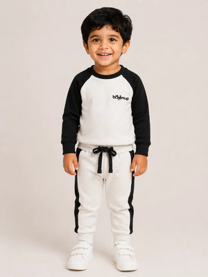BloomUp Black & White Raglan Co-ord Set for Kids – Soft Cotton Casual Wear Sweatshirt & Jogger Outfit