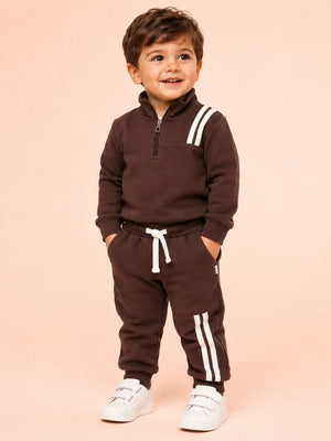 BloomUp Chocolate Brown Track Co-ord Set for Baby Boys – Half Zip Sweatshirt & Jogger Pants Set