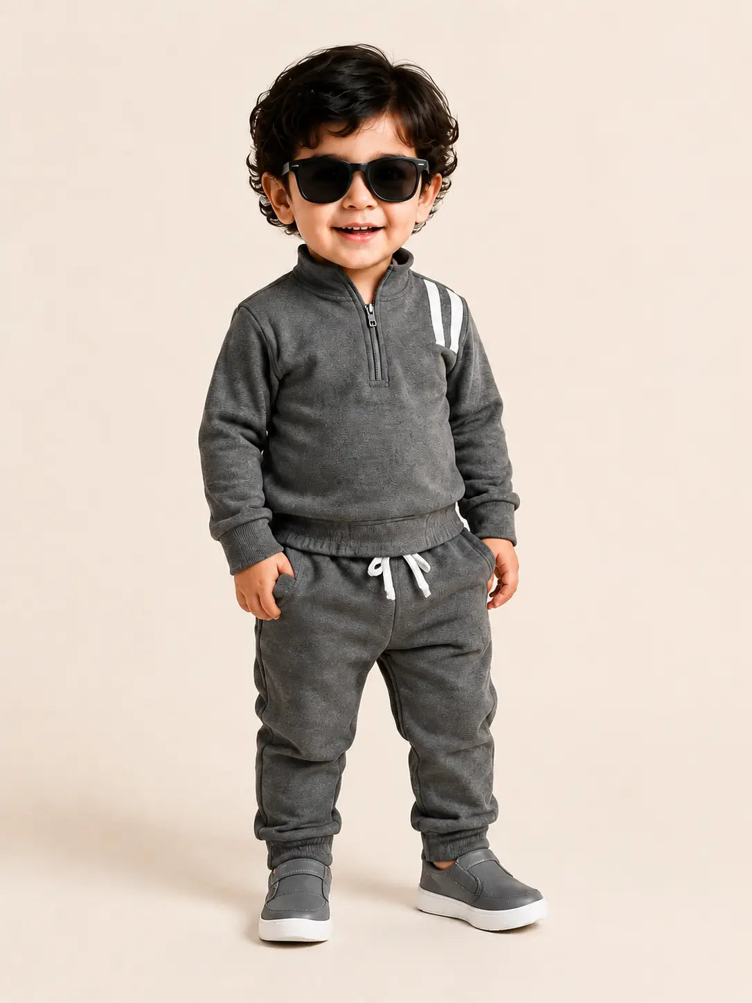 BloomUp Charcoal Grey Quarter Zip Sweatshirt & Jogger Set for Kids – Soft Fleece Winter Co-ord Outfit
