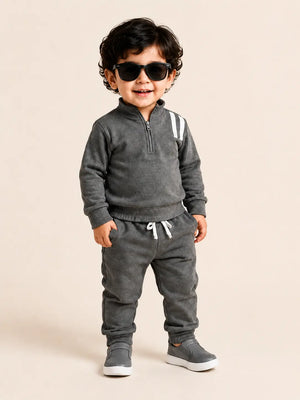 BloomUp Charcoal Grey Quarter Zip Sweatshirt & Jogger Set for Kids – Soft Fleece Winter Co-ord Outfit