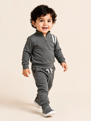 BloomUp Charcoal Grey Quarter Zip Sweatshirt & Jogger Set for Kids – Soft Fleece Winter Co-ord Outfit