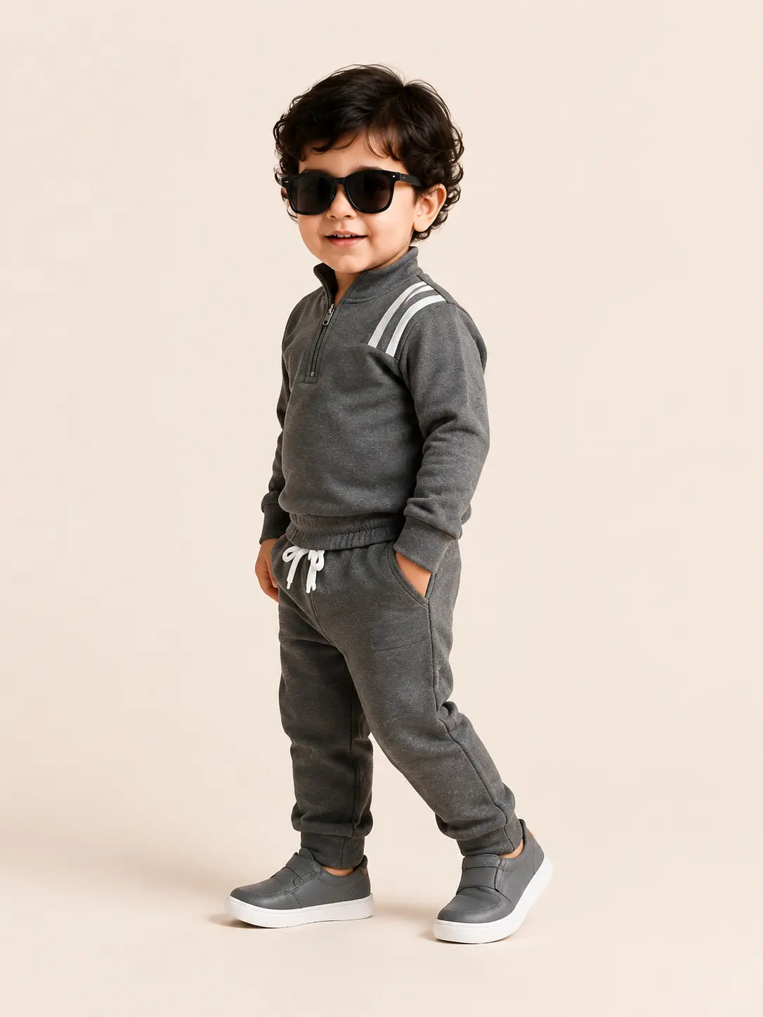 BloomUp Charcoal Grey Quarter Zip Sweatshirt & Jogger Set for Kids – Soft Fleece Winter Co-ord Outfit