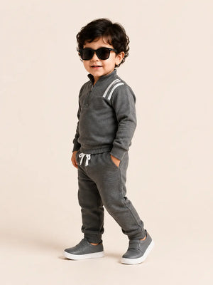 BloomUp Charcoal Grey Quarter Zip Sweatshirt & Jogger Set for Kids – Soft Fleece Winter Co-ord Outfit