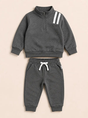 BloomUp Charcoal Grey Quarter Zip Sweatshirt & Jogger Set for Kids – Soft Fleece Winter Co-ord Outfit