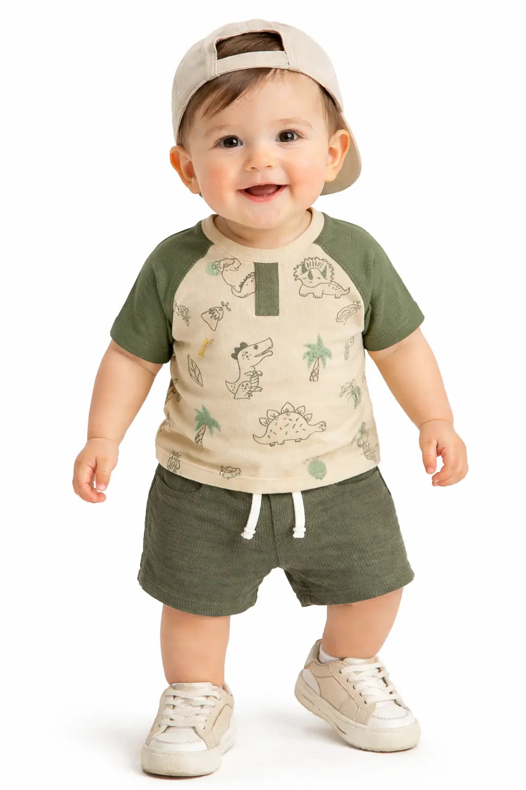 Bloomup Baby Boys Dinosaur Print T-Shirt & Shorts Set – Fawn Cotton Summer Co-Ord Outfit Bloom Up