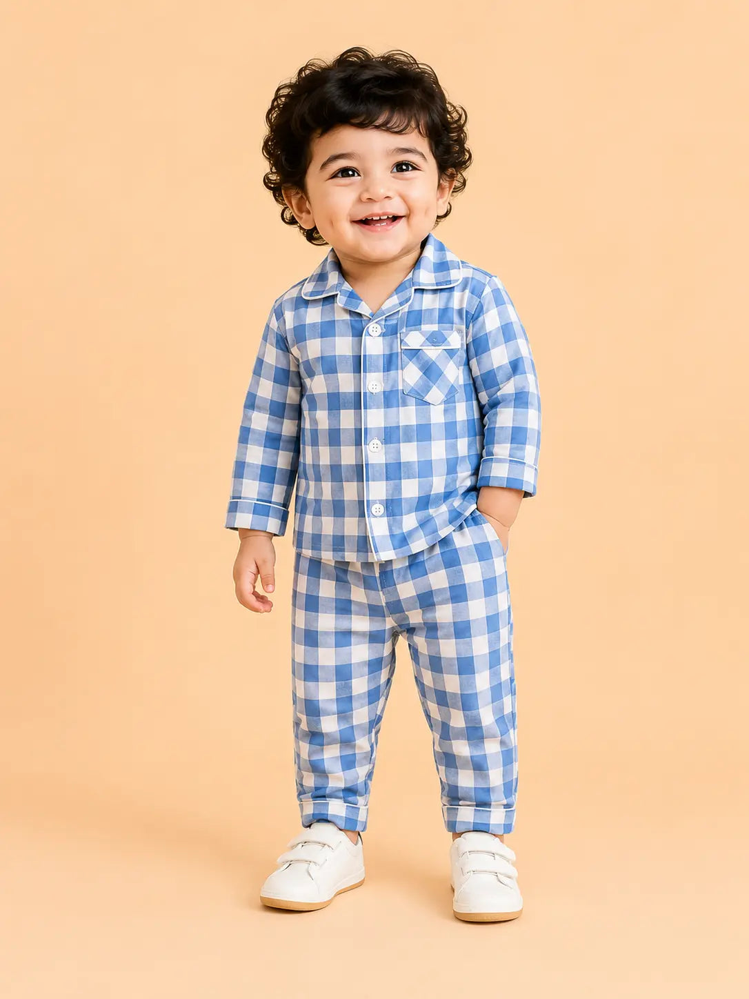 BloomUp Blue Checkered Night Suit Set for Kids – Soft Cotton Pajama Style Shirt & Pant Co-ord Sleepwear Outfit