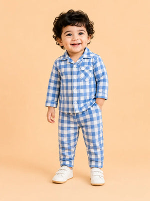BloomUp Blue Checkered Night Suit Set for Kids – Soft Cotton Pajama Style Shirt & Pant Co-ord Sleepwear Outfit