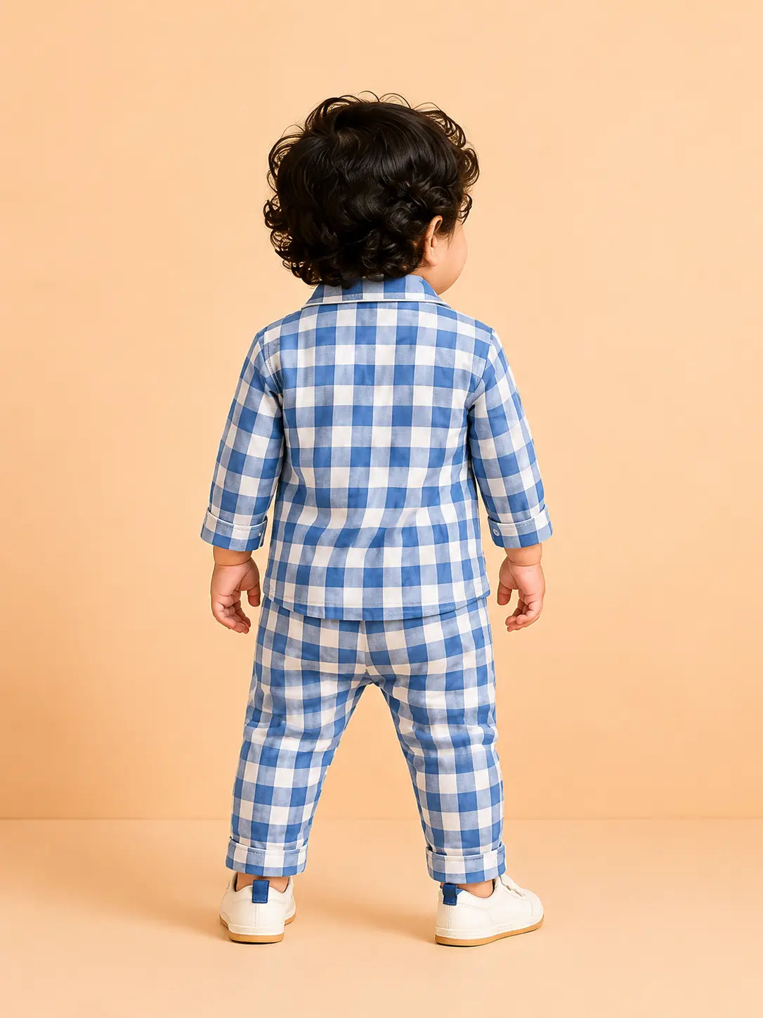 BloomUp Blue Checkered Night Suit Set for Kids – Soft Cotton Pajama Style Shirt & Pant Co-ord Sleepwear Outfit