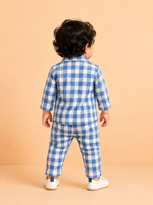 BloomUp Blue Checkered Night Suit Set for Kids – Soft Cotton Pajama Style Shirt & Pant Co-ord Sleepwear Outfit