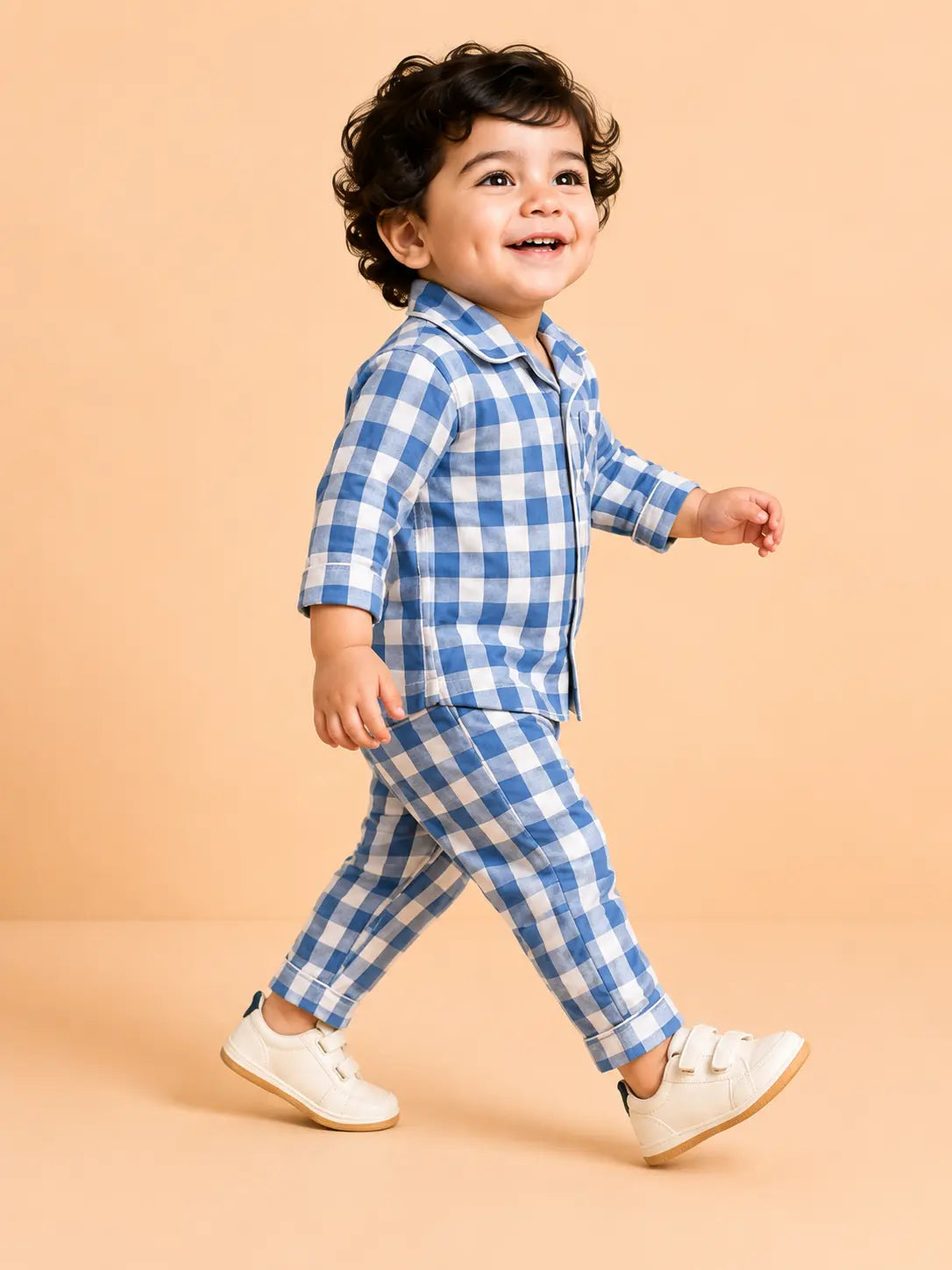 BloomUp Blue Checkered Night Suit Set for Kids – Soft Cotton Pajama Style Shirt & Pant Co-ord Sleepwear Outfit