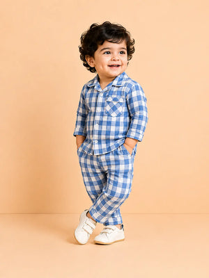 BloomUp Blue Checkered Night Suit Set for Kids – Soft Cotton Pajama Style Shirt & Pant Co-ord Sleepwear Outfit