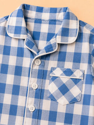 BloomUp Blue Checkered Night Suit Set for Kids – Soft Cotton Pajama Style Shirt & Pant Co-ord Sleepwear Outfit