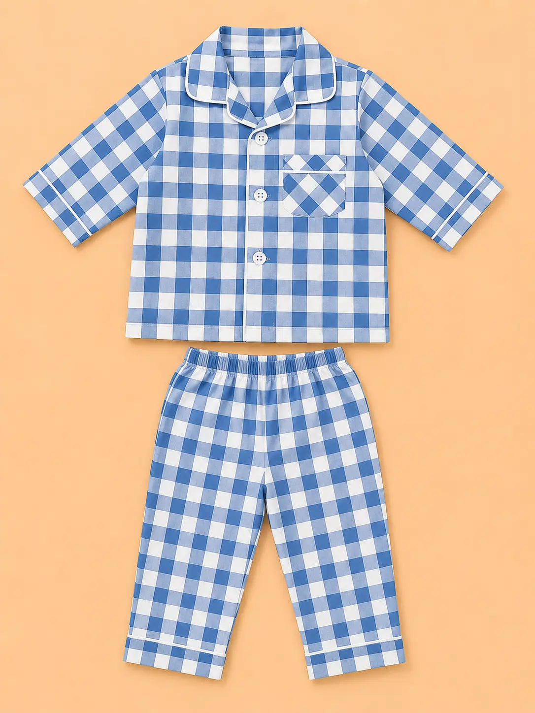 BloomUp Blue Checkered Night Suit Set for Kids – Soft Cotton Pajama Style Shirt & Pant Co-ord Sleepwear Outfit