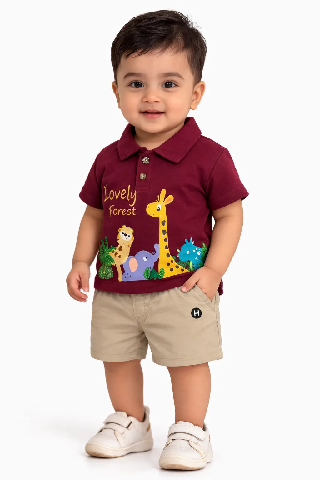 Bloomup Baby Boys Lovely Forest Polo T-Shirt & Shorts Set – Lavender Animal Print Summer Outfit Bloom Up
