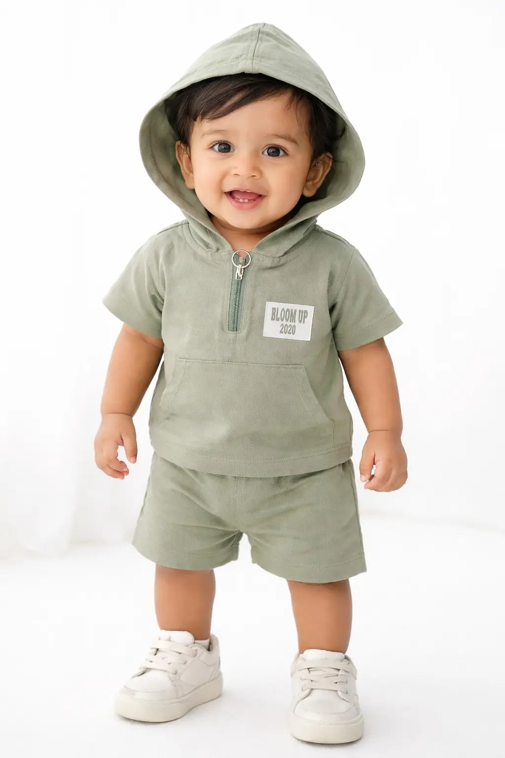 Bloomup Baby Boys Olive Hooded T-Shirt & Shorts Set – Half Zip Cotton Summer Co-Ord Outfit Bloom Up
