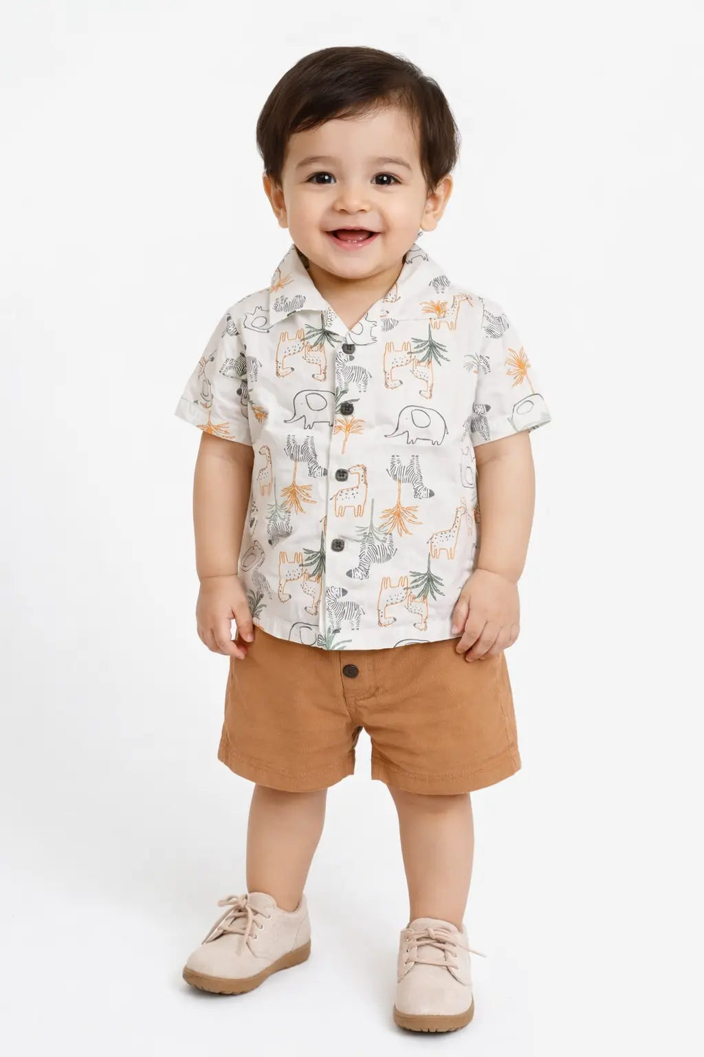 Bloomup Baby Boys Safari Animal Print Shirt & Brown Shorts Set – Cotton Summer Co-Ord Outfit Bloom Up