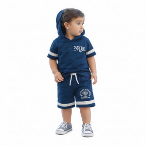 Kids Navy Blue Hooded T-Shirt & Shorts Co-ord Set BloomUp