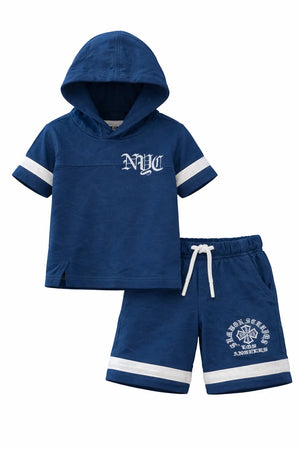 Kids Navy Blue Hooded T-Shirt & Shorts Co-ord Set BloomUp