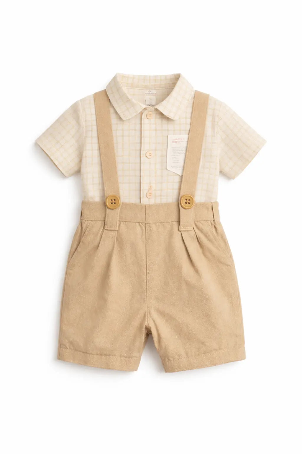 Beige Checked Shirt & Suspender Shorts Kids Co-ord Set – Soft Cotton Summer Outfit for Boys BloomUp