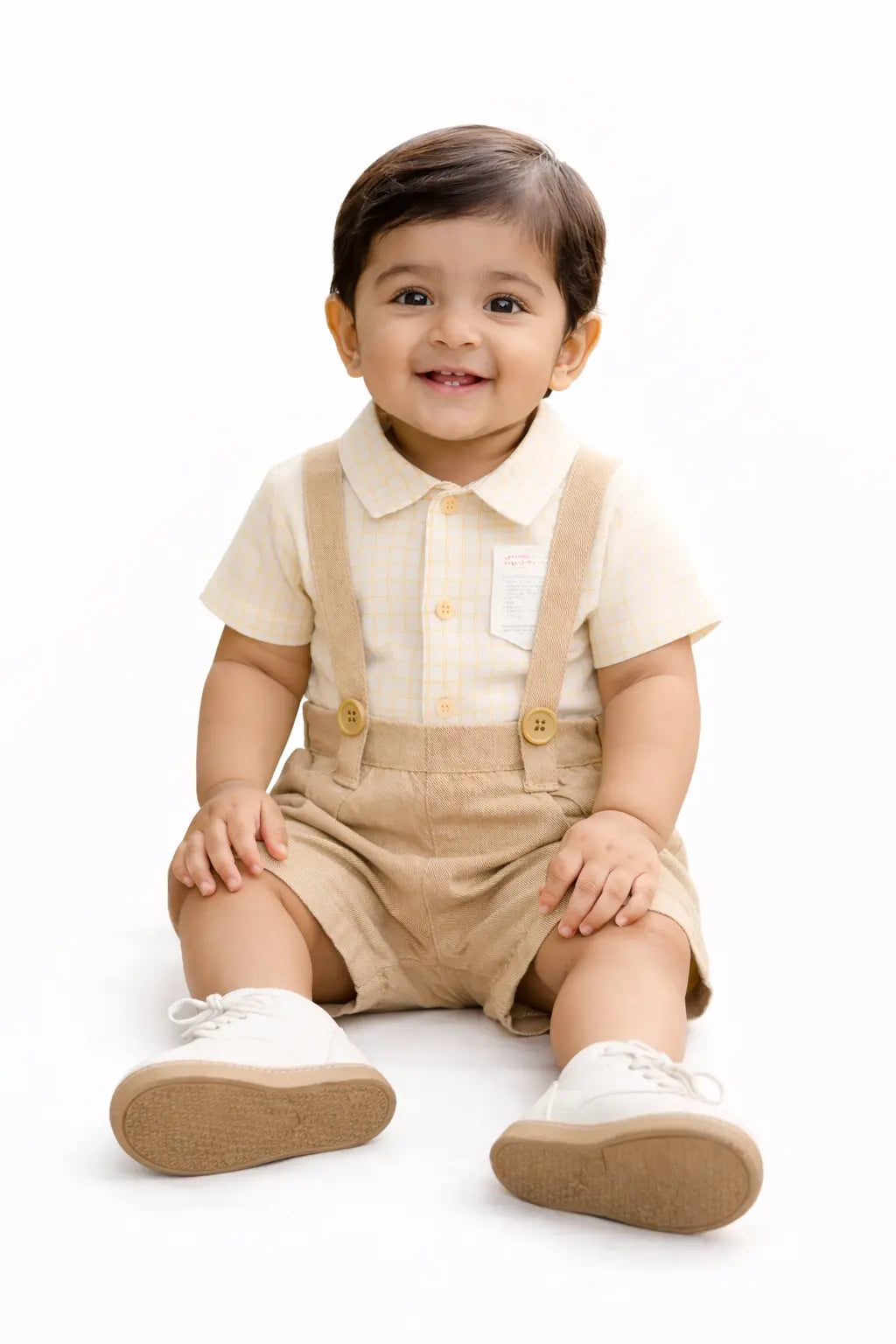 Beige Checked Shirt & Suspender Shorts Kids Co-ord Set – Soft Cotton Summer Outfit for Boys BloomUp