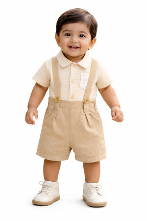 Beige Checked Shirt & Suspender Shorts Kids Co-ord Set – Soft Cotton Summer Outfit for Boys BloomUp