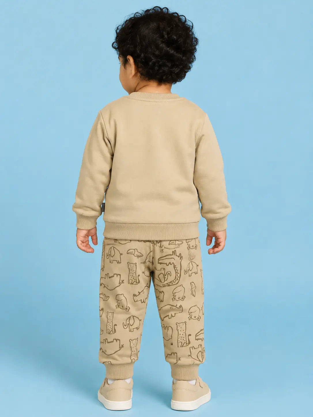 BloomUp Beige Safari Animal Print Co-ord Set for Baby Boys – Soft Sweatshirt & Jogger Pants Set