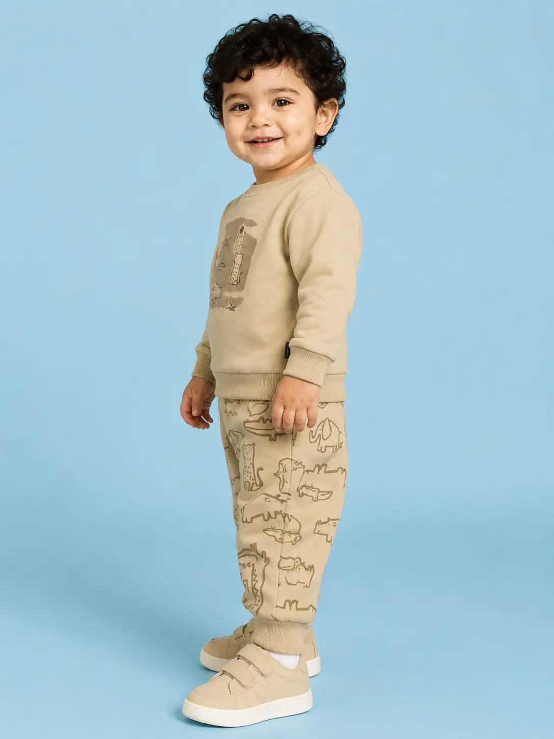 BloomUp Beige Safari Animal Print Co-ord Set for Baby Boys – Soft Sweatshirt & Jogger Pants Set