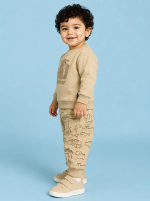 BloomUp Beige Safari Animal Print Co-ord Set for Baby Boys – Soft Sweatshirt & Jogger Pants Set