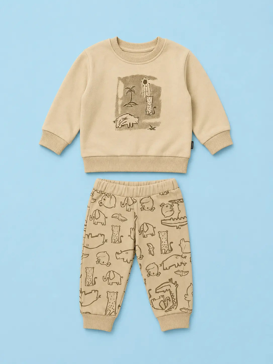 BloomUp Beige Safari Animal Print Co-ord Set for Baby Boys – Soft Sweatshirt & Jogger Pants Set