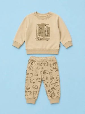 BloomUp Beige Safari Animal Print Co-ord Set for Baby Boys – Soft Sweatshirt & Jogger Pants Set