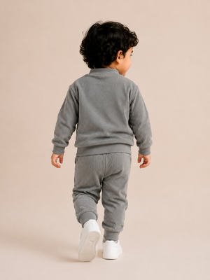 Grey Textured Co-ord Set for Boys – Soft Full Sleeve Sweatshirt & Jogger Pants Set BloomUp
