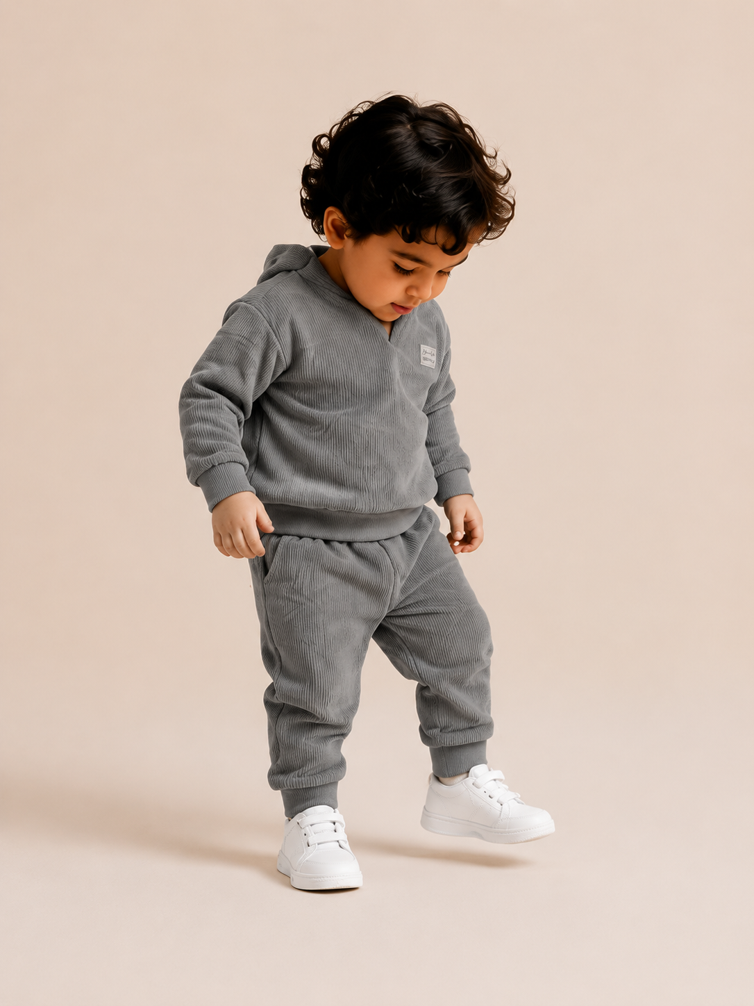 Grey Textured Co-ord Set for Boys – Soft Full Sleeve Sweatshirt & Jogger Pants Set BloomUp