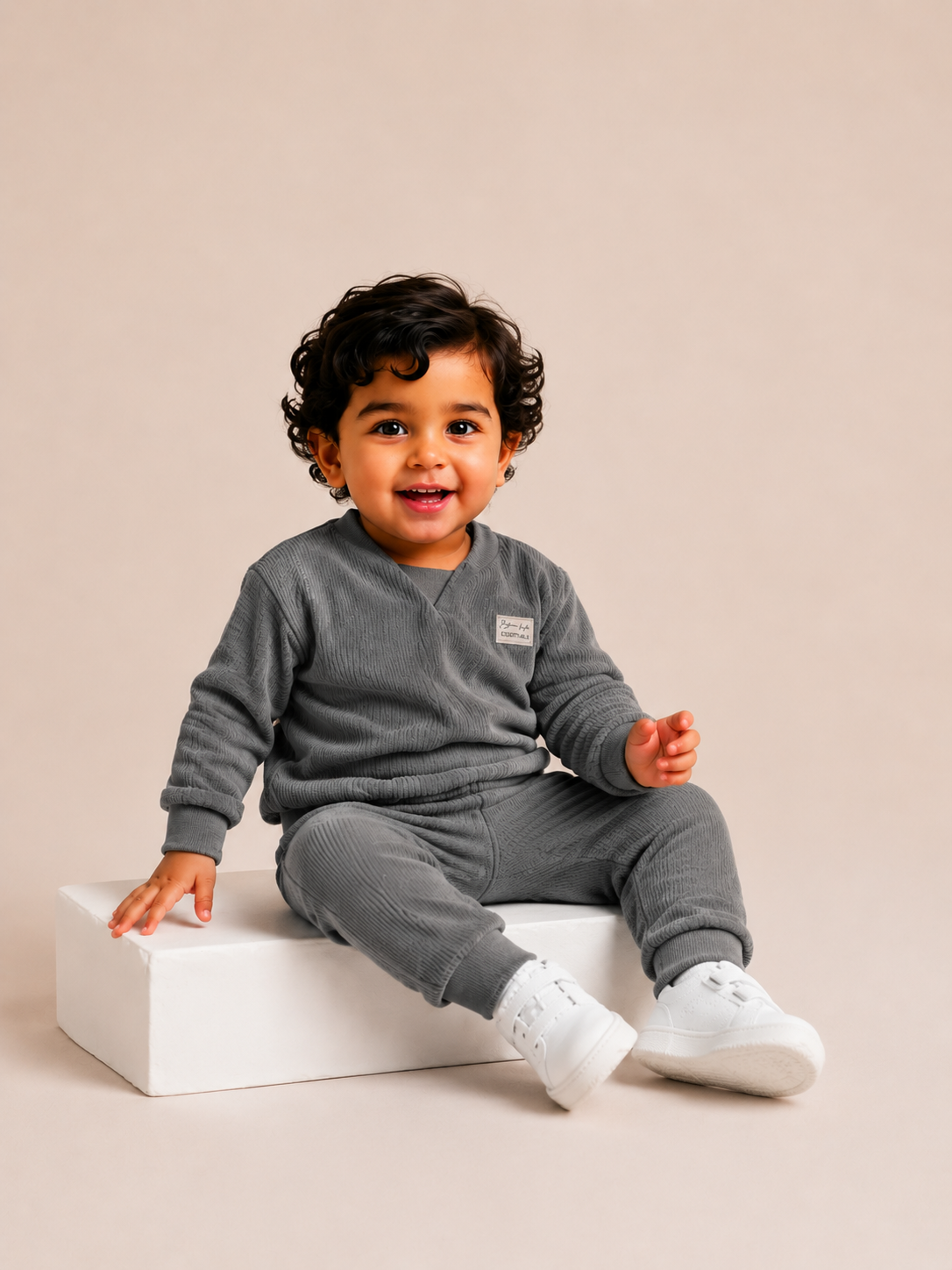 Grey Textured Co-ord Set for Boys – Soft Full Sleeve Sweatshirt & Jogger Pants Set BloomUp