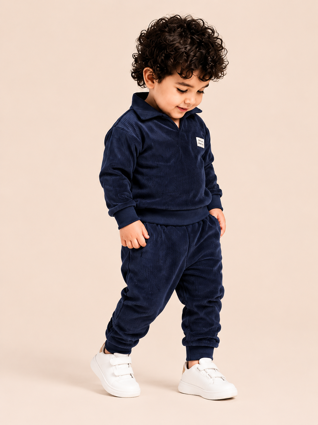 Navy Blue Velour Co-ord Set for Boys – Soft Full Sleeve Sweatshirt & Jogger Pants Set BloomUp