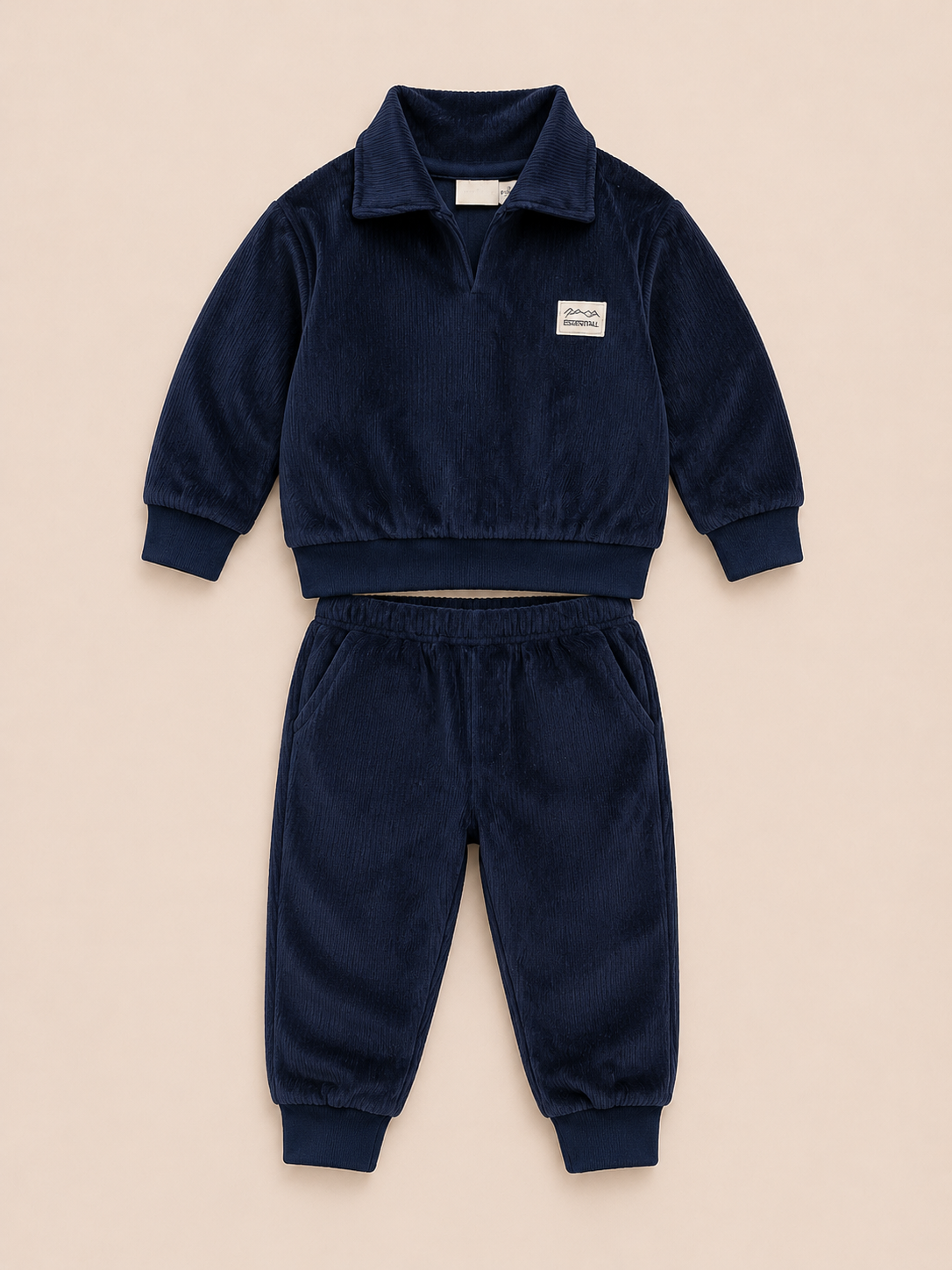 Navy Blue Velour Co-ord Set for Boys – Soft Full Sleeve Sweatshirt & Jogger Pants Set BloomUp