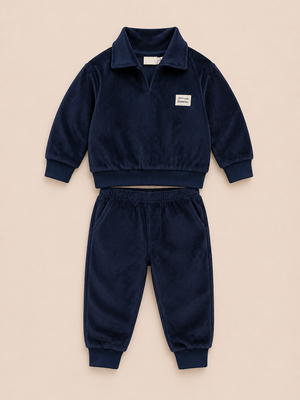 Navy Blue Velour Co-ord Set for Boys – Soft Full Sleeve Sweatshirt & Jogger Pants Set BloomUp