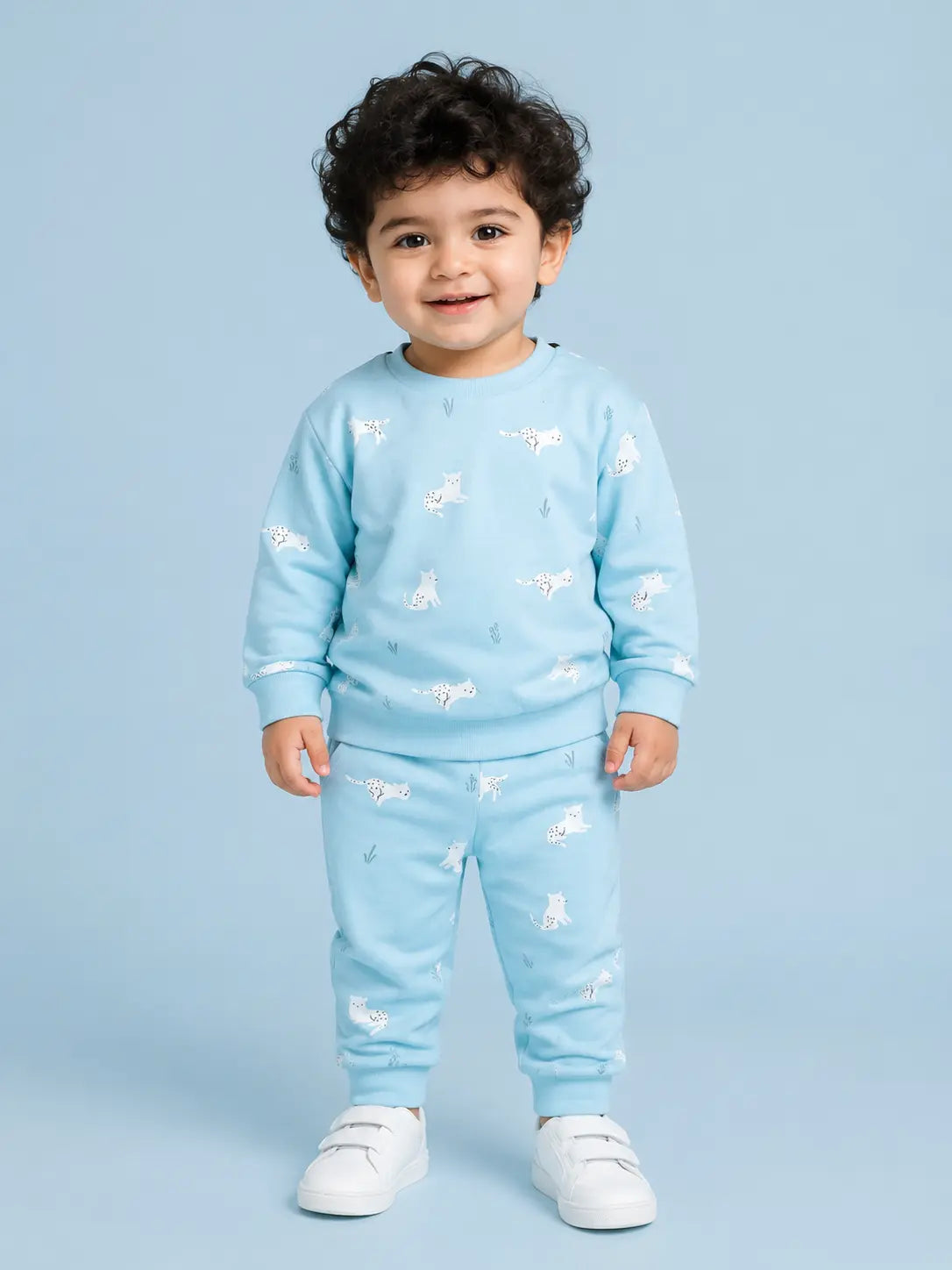 BloomUp Sky Blue Animal Print Sweatshirt & Jogger Set for Kids – Soft Cotton Blend Co-ord Outfit for Boys & Girls