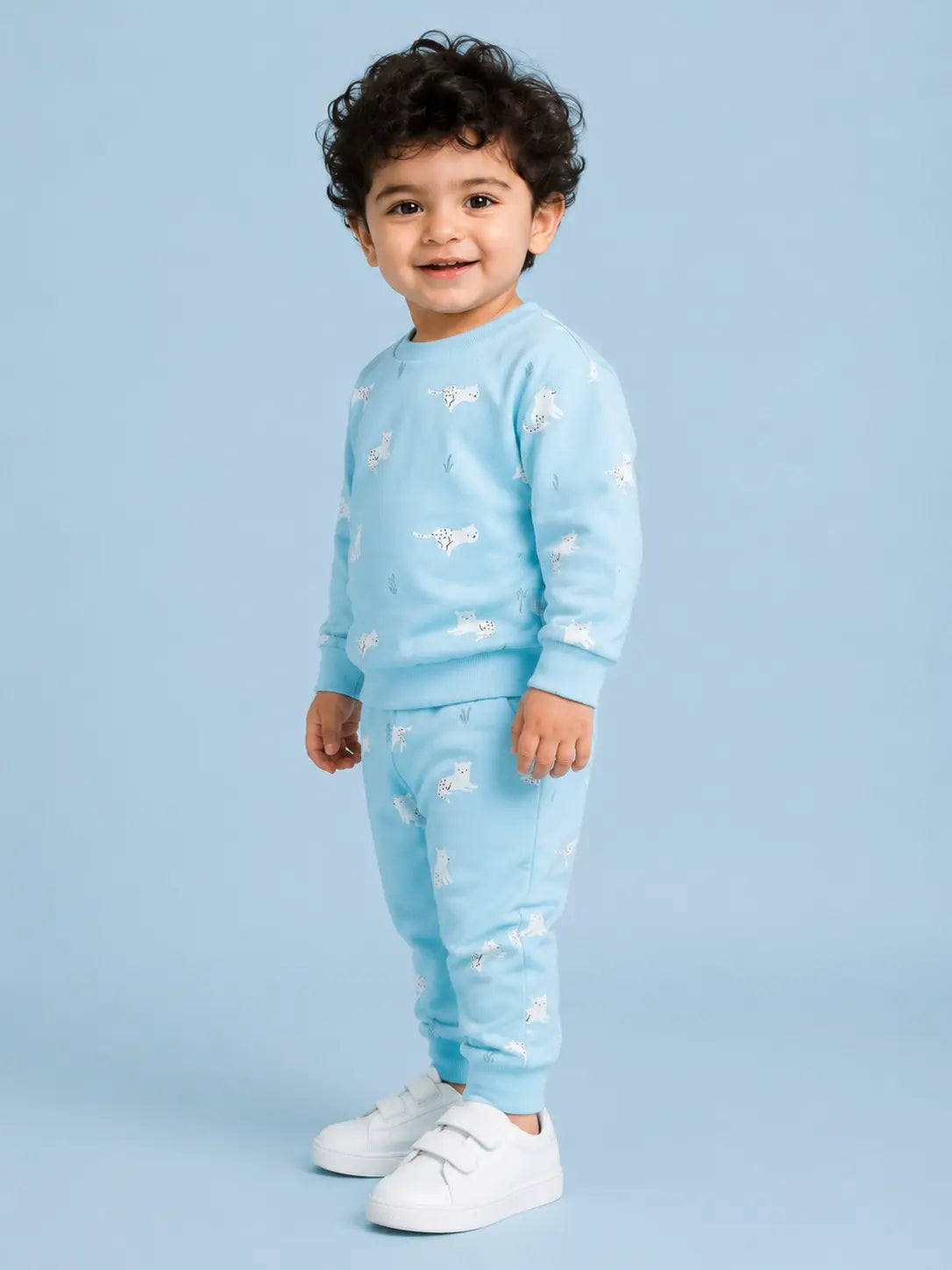 BloomUp Sky Blue Animal Print Sweatshirt & Jogger Set for Kids – Soft Cotton Blend Co-ord Outfit for Boys & Girls
