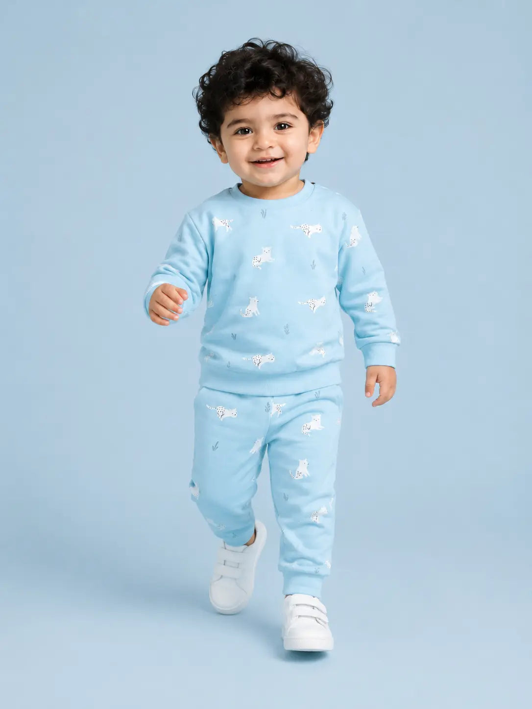 BloomUp Sky Blue Animal Print Sweatshirt & Jogger Set for Kids – Soft Cotton Blend Co-ord Outfit for Boys & Girls