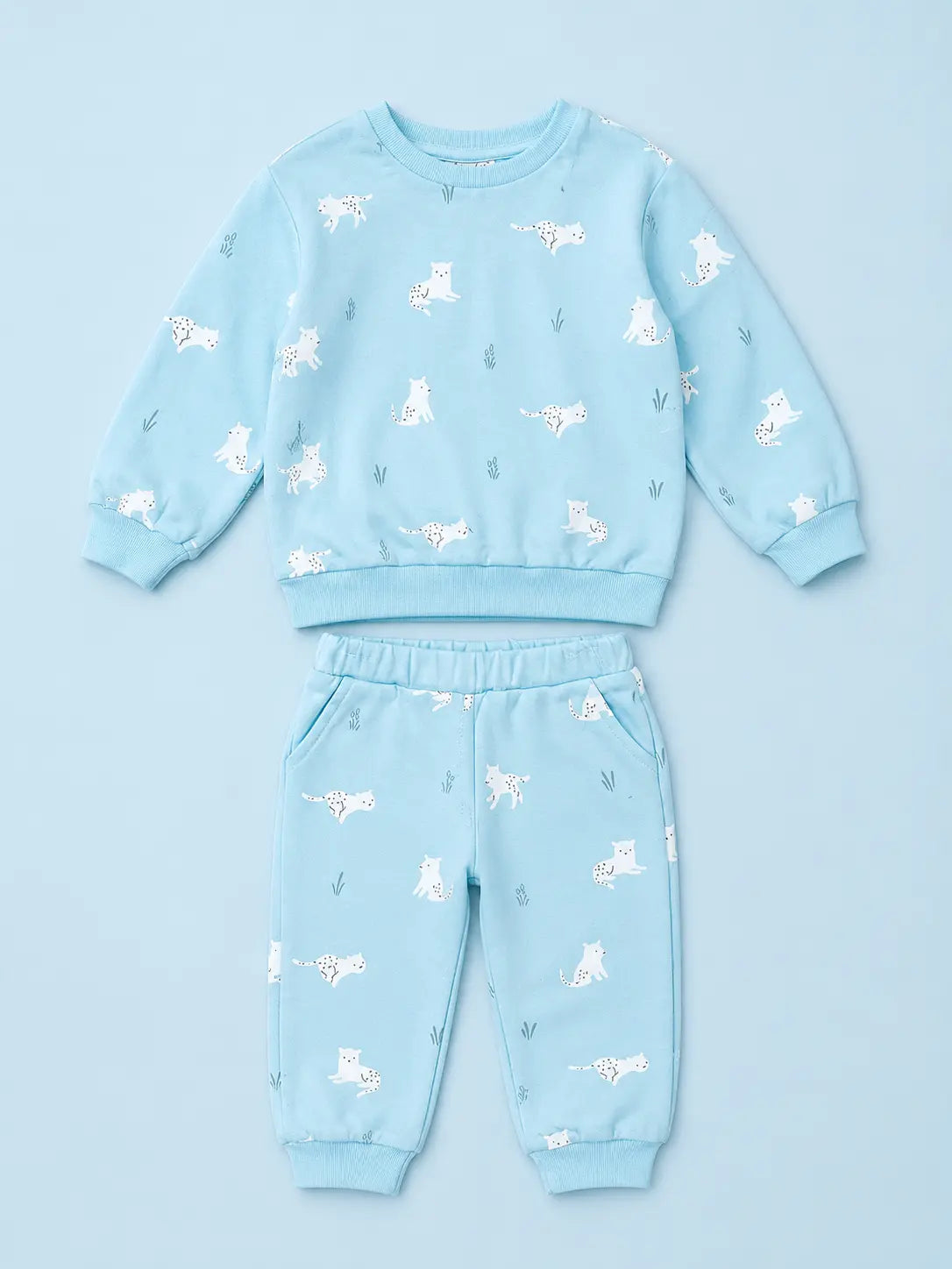 BloomUp Sky Blue Animal Print Sweatshirt & Jogger Set for Kids – Soft Cotton Blend Co-ord Outfit for Boys & Girls