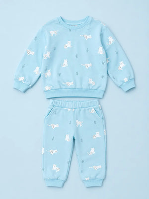 BloomUp Sky Blue Animal Print Sweatshirt & Jogger Set for Kids – Soft Cotton Blend Co-ord Outfit for Boys & Girls
