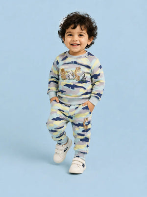 BloomUp Pastel Camo Safari Animal Sweatshirt & Jogger Set for Kids – Soft Cotton Blend Co-ord Outfit for Boys & Girls