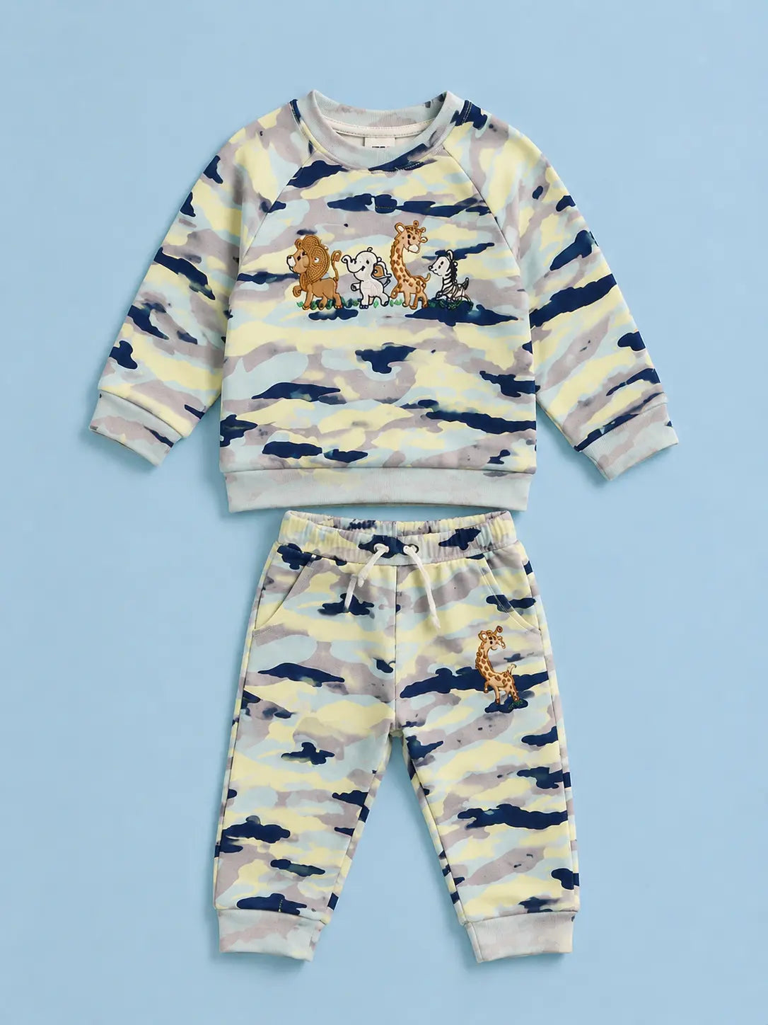 BloomUp Pastel Camo Safari Animal Sweatshirt & Jogger Set for Kids – Soft Cotton Blend Co-ord Outfit for Boys & Girls