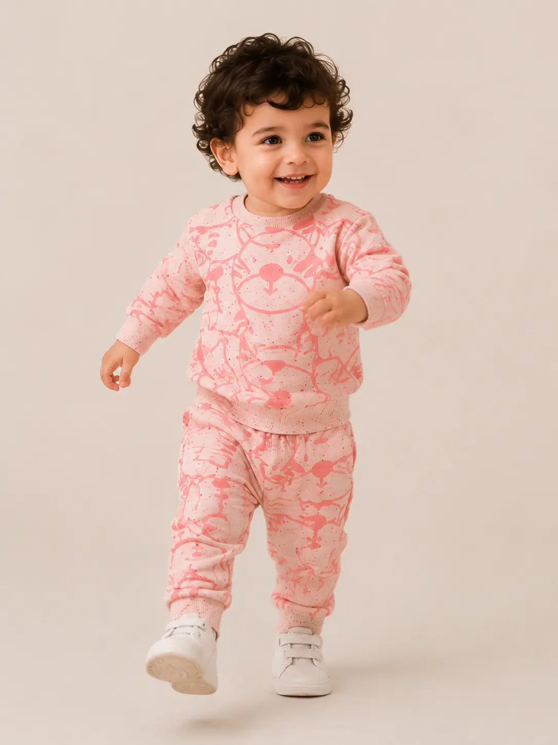 BloomUp Peach Pink Tiger Print Co-ord Set for Baby Girls – Soft Sweatshirt & Jogger Pants Kids Outfit