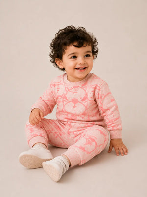 BloomUp Peach Pink Tiger Print Co-ord Set for Baby Girls – Soft Sweatshirt & Jogger Pants Kids Outfit