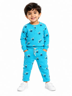 BloomUp Sky Blue Printed Long Sleeve Co-ord Set for Kids – Soft Cotton Rib Toddler Outfit