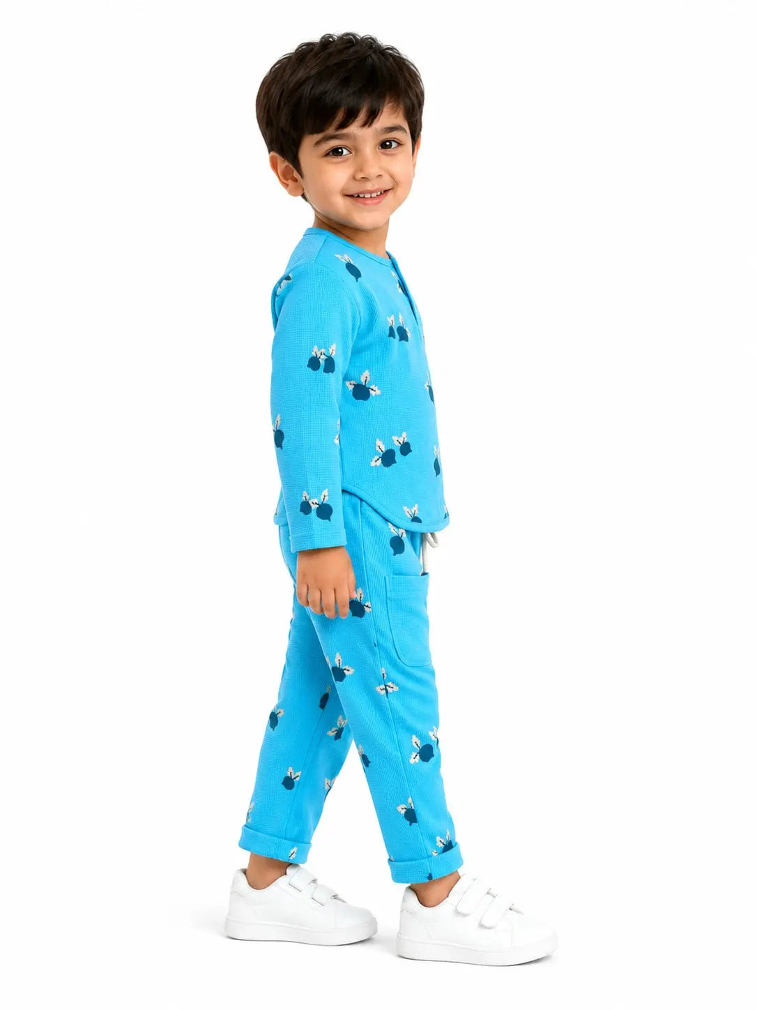 BloomUp Sky Blue Printed Long Sleeve Co-ord Set for Kids – Soft Cotton Rib Toddler Outfit